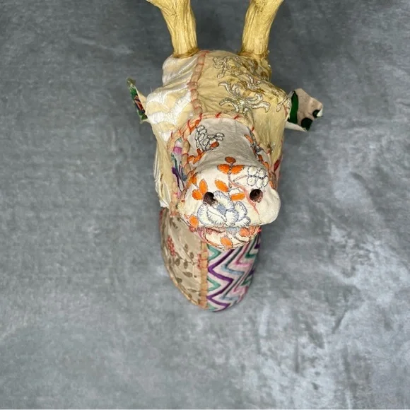 Faux Kantha Patchwork Fabric Covered Deer Stag Head Decor with Antlers